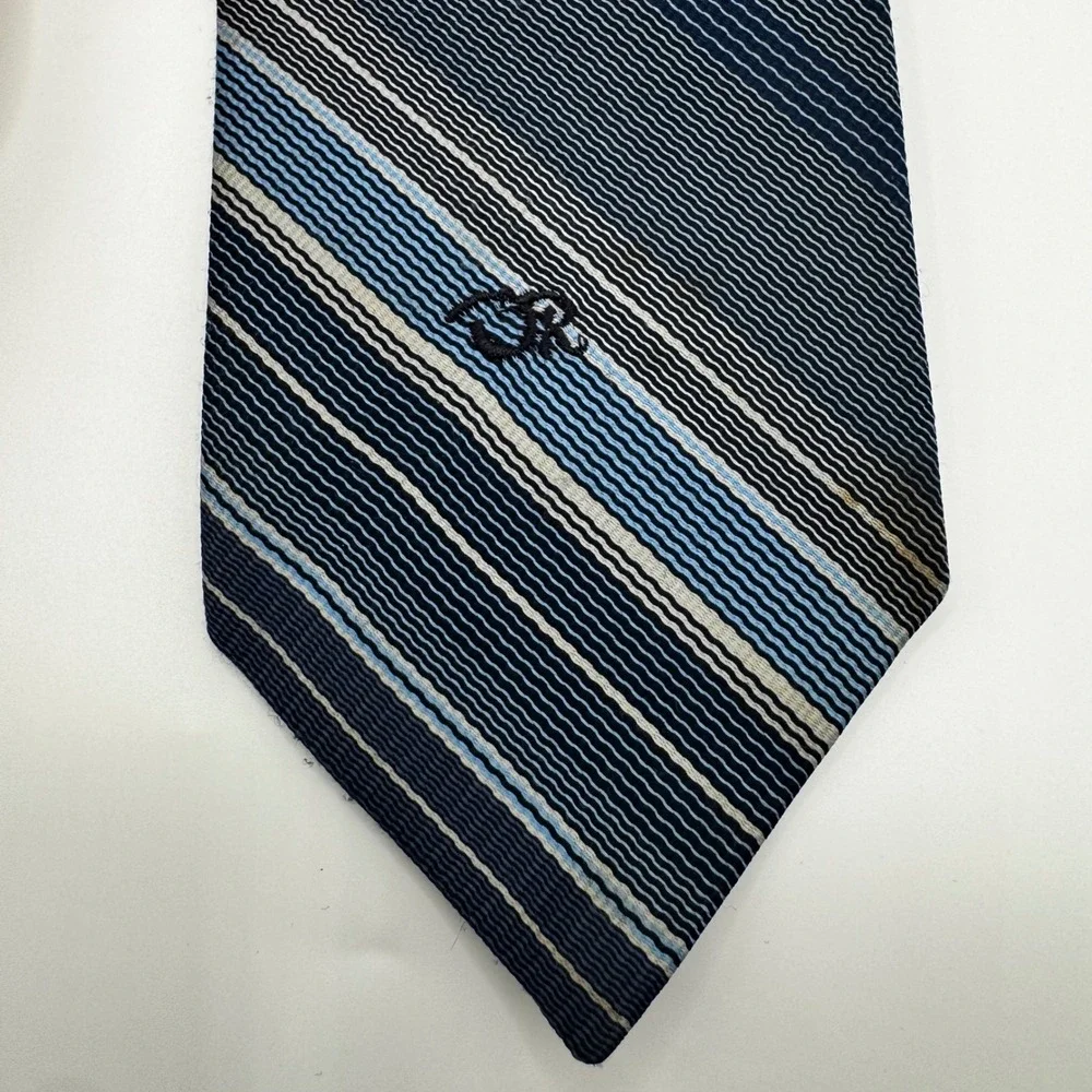 Oscar de la Renta Mens‎ Striped Silk Necktie Navy Blue White Luxury Designer Tie